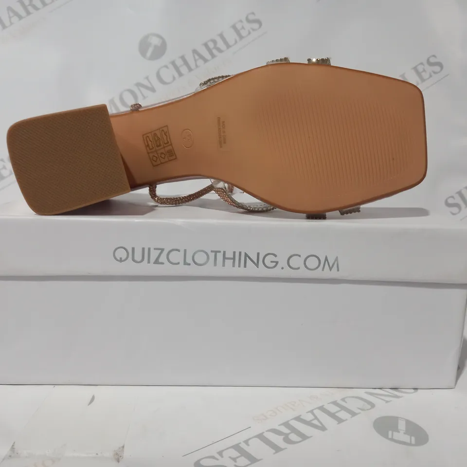 BOXED PAIR OF QUIZ OPEN TOE BLOCK HEEL STRAPPY SANDALS IN SATIN ROSE GOLD COLOUR W. JEWEL EFFECT EU SIZE 36