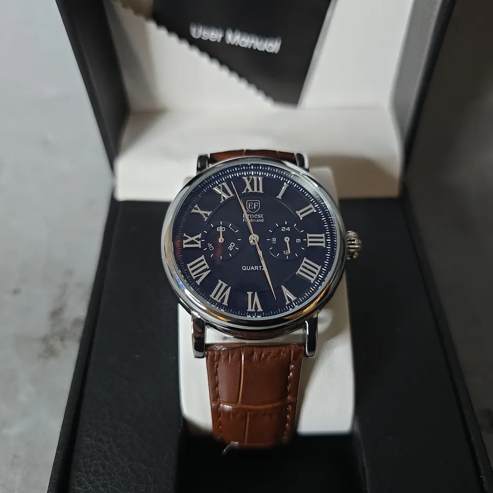  ERNEST FERDINAND WATCH – FUNCTIONING SUB DIALS – LEATHER STRAP –  GIFT BOX