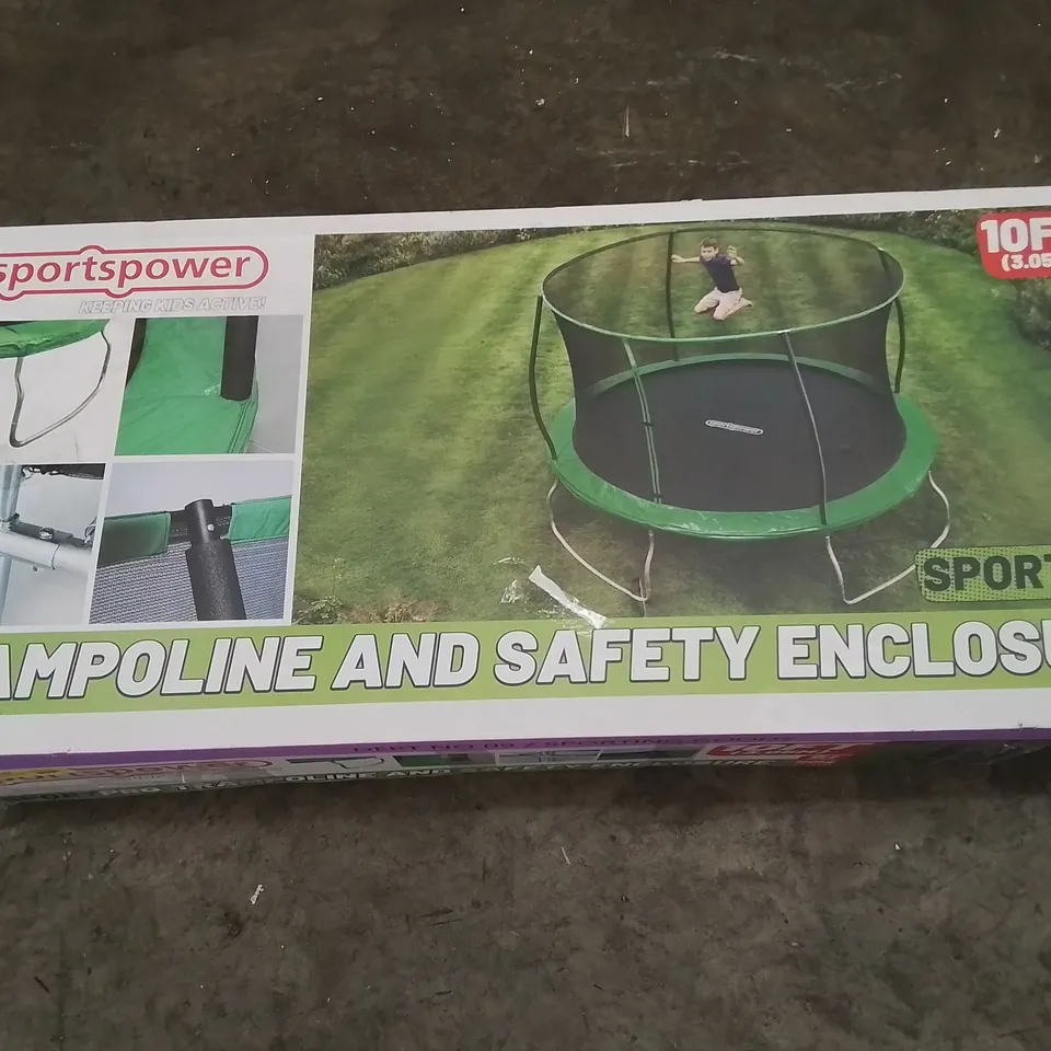 BOXED SPORTSPOWERS 10FT TRAMPOLINE AND ENCLOSURE