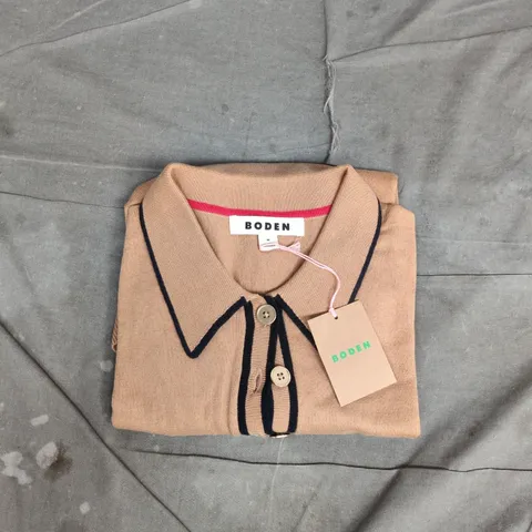 BODEN CAMEL CARDIGAN WITH NAVY TRIM – BUTTON FRONT, SIZE M