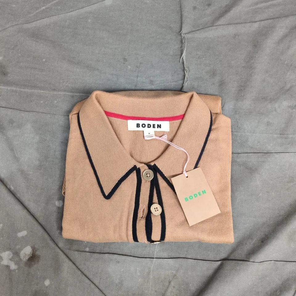 BODEN CAMEL CARDIGAN WITH NAVY TRIM – BUTTON FRONT, SIZE M