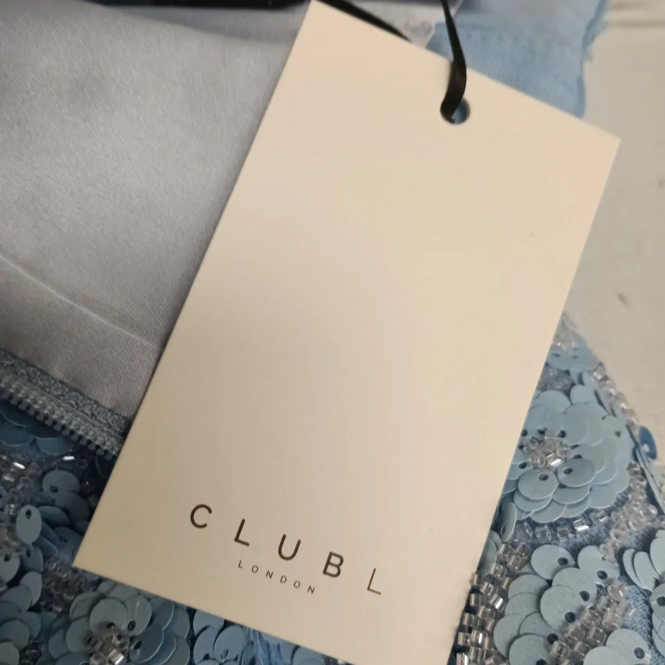  CLUB L LIGHT BLUE EMBELLISHED BANDEAU-NECK MINI DRESS - UK 18