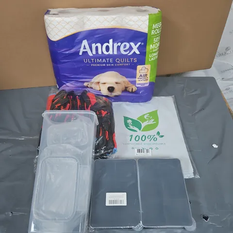 BOX OF APPROXIMATELY 12 ASSORTED HOUSEHOLD ITEMS TO INCLUDE - TOILET ROLL - POSTAGE BAGS - GLOVES - ETC