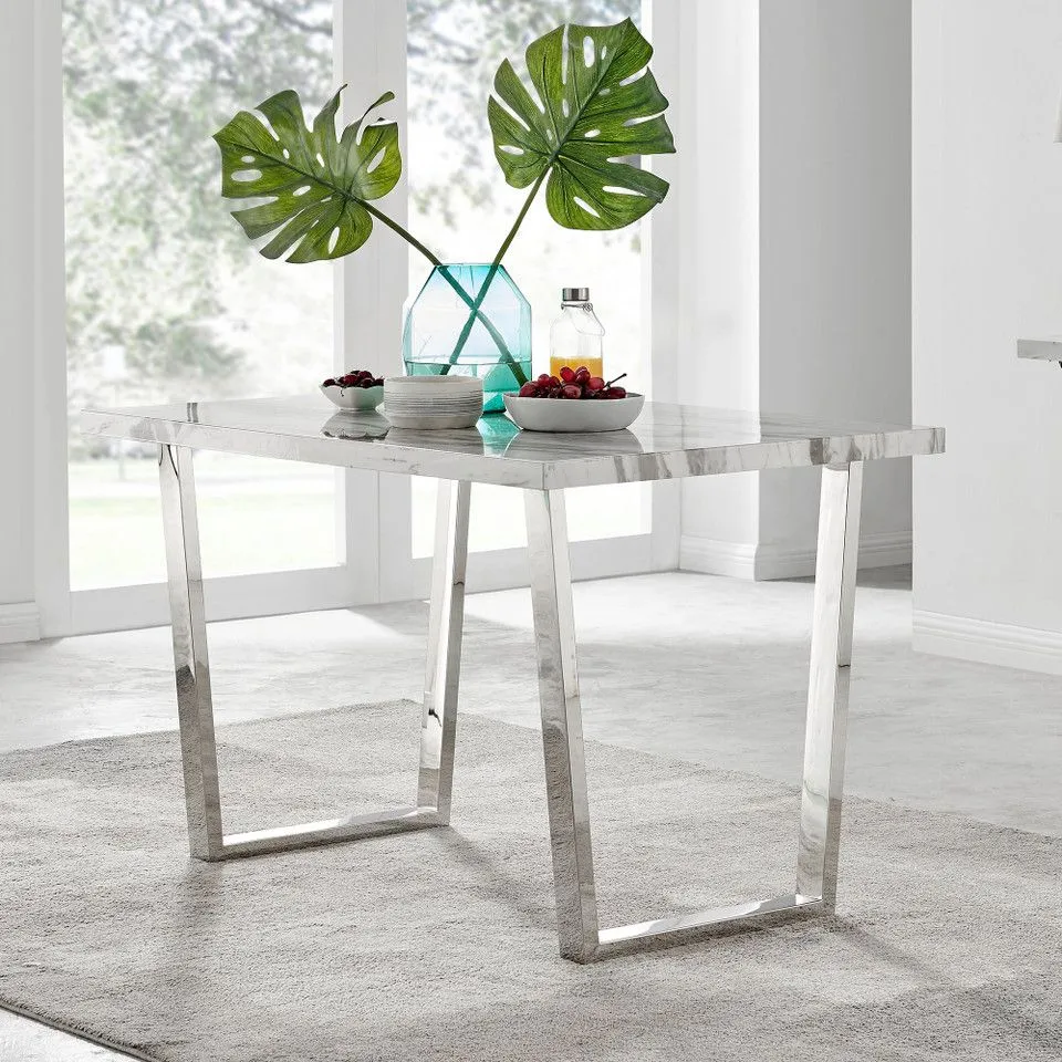 BOXED KYLO 120cm DINING TABLE - WHITE MARBLE EFFECT TOP & SILVER LEGS (2 BOXES)