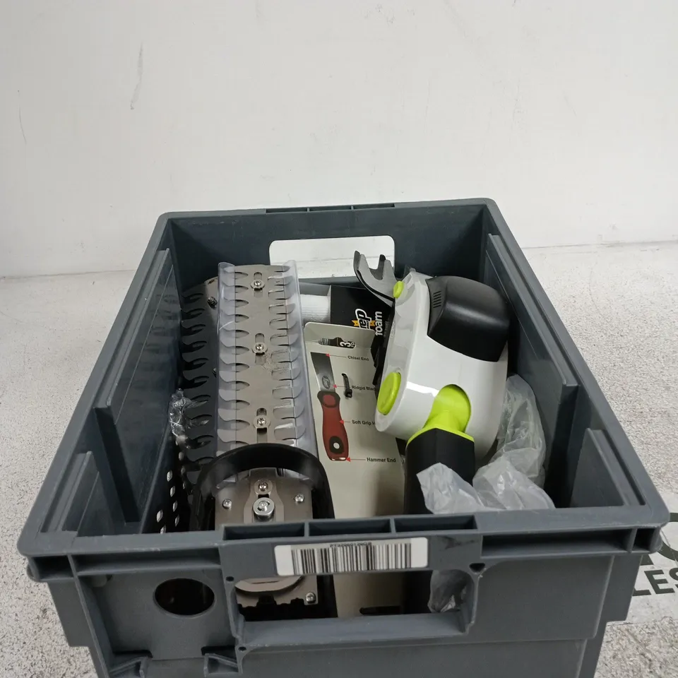 TOTE OF APPROXIMATELY 15 ASSORTED HOUSEHOLD ITEMS TO INCLUDE EXPERT CHISE KNIFE, SNEAKER FOAM CLEANING KIT, SURU DOI HOOKS ETC