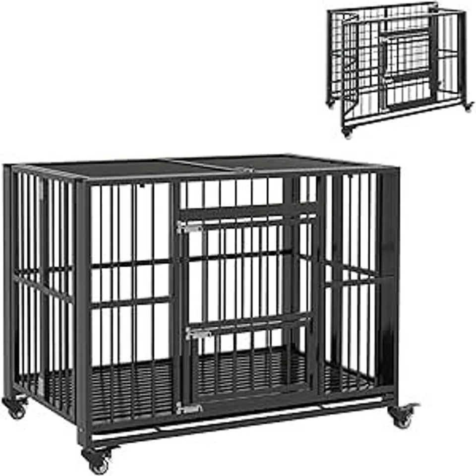 BOXED PAWHUT 43" HEAVY DUTY DOG CRATE, FOLDABLE DOG CAGE, WITH OPENABLE TOP, LOCKS, REMOVABLE TRAY, WHEELS - BLACK (1 BOX)
