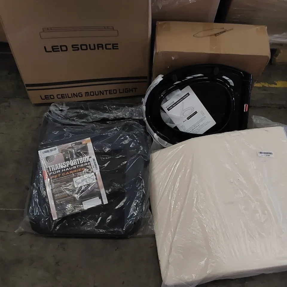 PALLET OF ASSORTED ITEMS INCLUDING: CEILING LIGHT, IRONING BOARD, TOILET SET, PET CARRIER, MEMORY FOAM CUSHION 