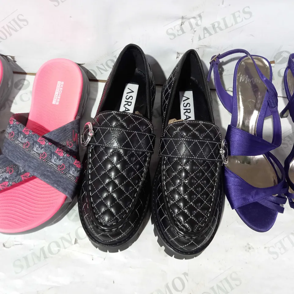 BOX OF APPROXIMATELY 15 ASSORTED PAIR OF SHOES AND FOOTWEAR ITEMS IN VARIOUS STYLES AND SIZES TO INCLUDE ASRA, MONSOON, SKECHERS, ETC