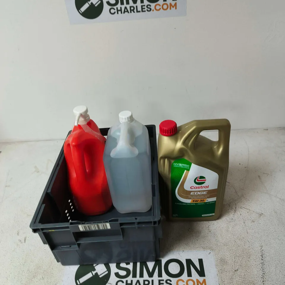 TOTE OF APPROXIMATELY 3 ASSORTED LIQUIDS TO INCLUDE:CASTROL EDGE 5W-30 5L