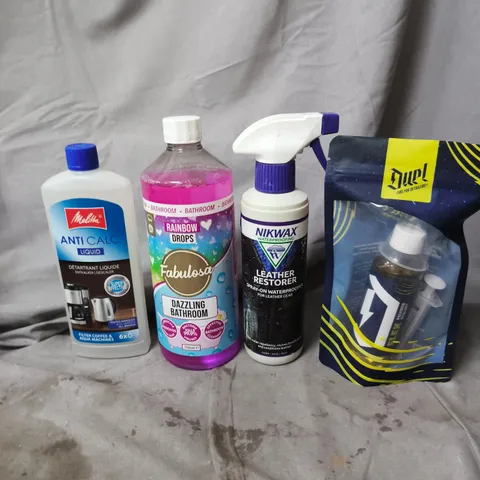 TOTE OF APPROXIMATELY 15 HOUSEHOLD LIQUIDS TO INCLUDE NIKWAX LEATHER RESTORER, ANTI CALC LIQUID AND FABULOSA BATHROOM CLEANER