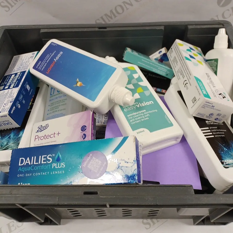 BOX TO CONTAIN APPROX. 22 X ASSORTED VISION CARE PRODUCTS. INCLUDES CONTACT LENSES AND CLEANING SOLUTION - COLLECTION ONLY