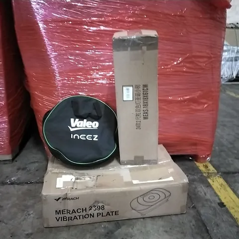 PALLET OF ASSORTED PRODUCTS AND HOUSEHOLD GOODS TO INCLUDE;CHRISTMAS TREE,VALEO ELECTRIC CAR CHARGER,VIBRATION PLATE