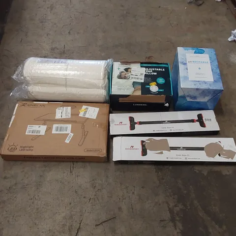 PALLET OF ASSORTED ITEMS INCLUDING: GLASS ALKALINE WATER COUNTERTOP UNIT, ADJUSTABLE CPAP PILLOW, CUSHION, FOLDABLE LAPTOP DESK, PULL-UP BARS ECT