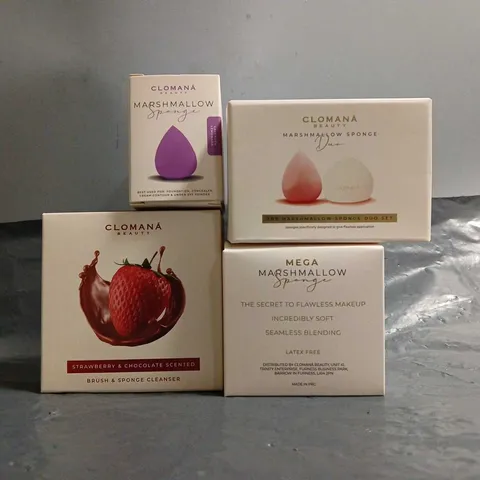 BOXED SET OF 4 CLOMANA HEALTH & BEAUTY ITEMS TO INCLUDE - STRAWBERRY & CHOCOLATE BRUSH & SPONGE CLEANSER , MARSHMALLOW SPONGE , 