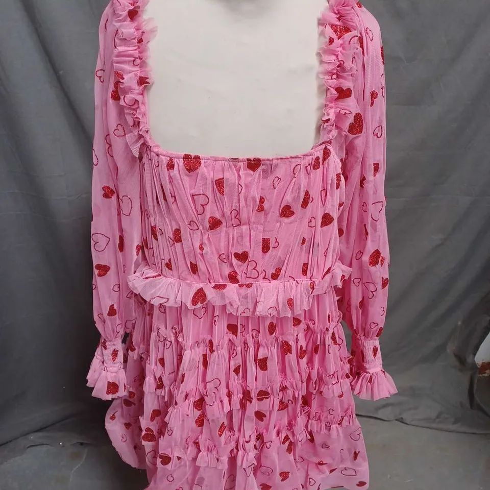 LACE & BEADS RUFFLE DRESS IN PINK HEARTS SIZE 18