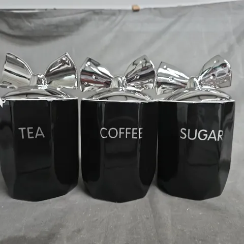 TEA, COFFEE & SUGAR CANISTERS SET – BLACK CERAMIC WITH SILVER BOW LIDS (3)