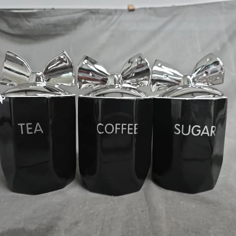 TEA, COFFEE & SUGAR CANISTERS SET – BLACK CERAMIC WITH SILVER BOW LIDS (3)