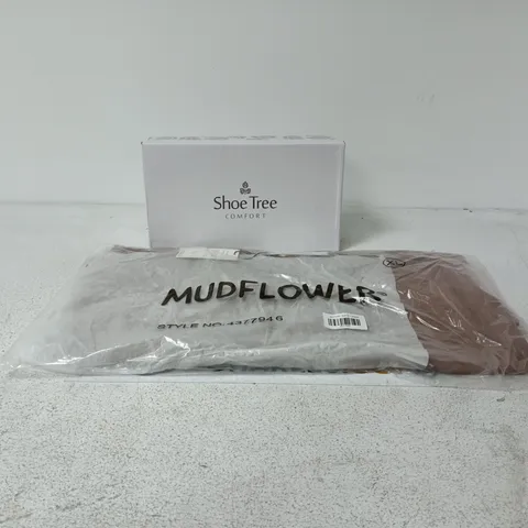 BOX OF APPROXIMATELY 18 ASSORTED ITEMS TO INCLUDE MUDFLOWER SWEATER, SHOE TREE FOOTWEAR ETC