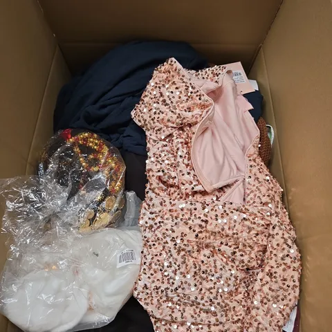 LARGE BOX OF ASSORTED CLOTHING ITEMS IN VARIOUS SIZES, STYLES AND COLOUR 