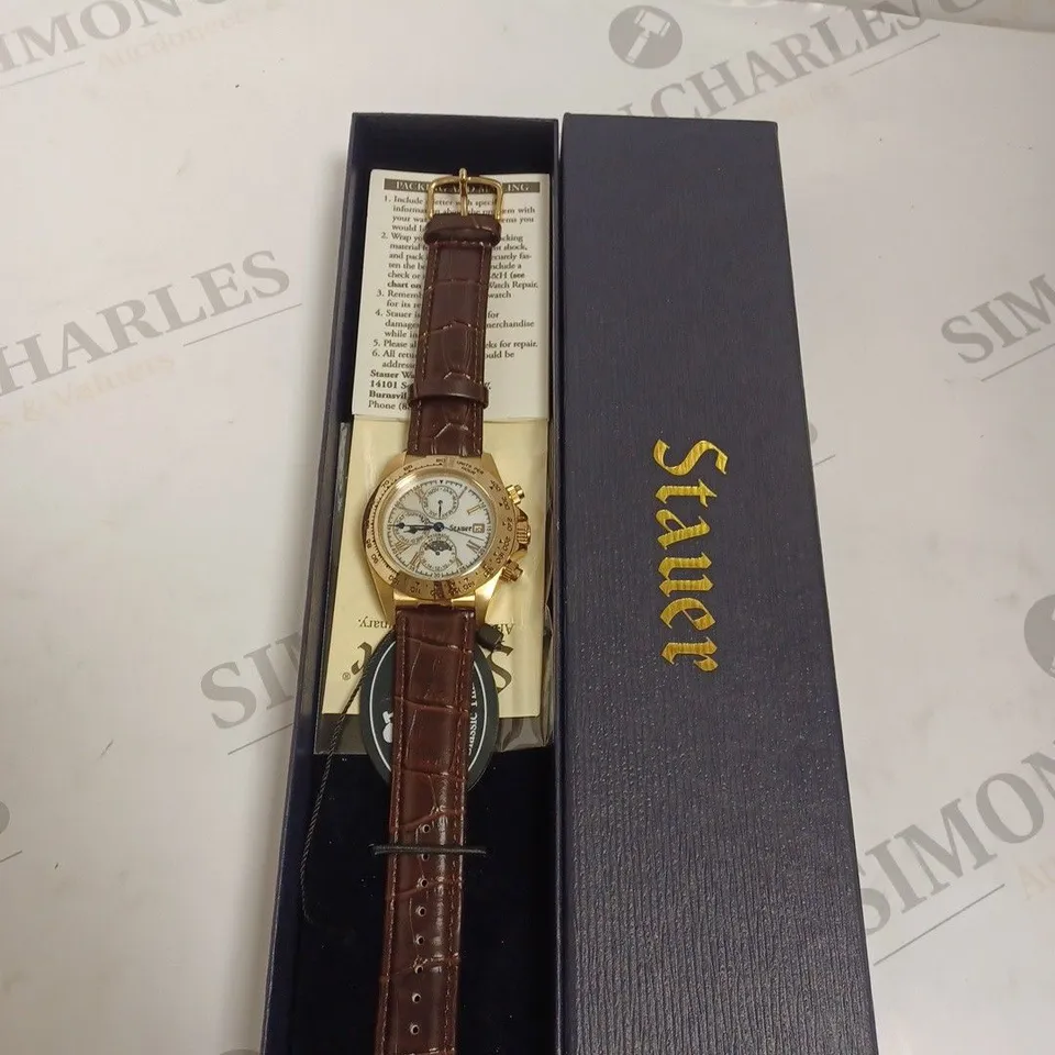 BOXED STAUER GENTS SPEEDWAY AUTOMATIC WATCH GENUINE LEATHER - BROWN & GOLD