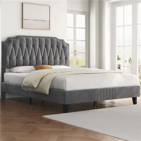 BOXED YAHEETECH UPHOLSTERED BED FRAME WITH WITH BUTTON-TUFTED HEADBOARD - 135CM, DARK GREY (2 BOXES)