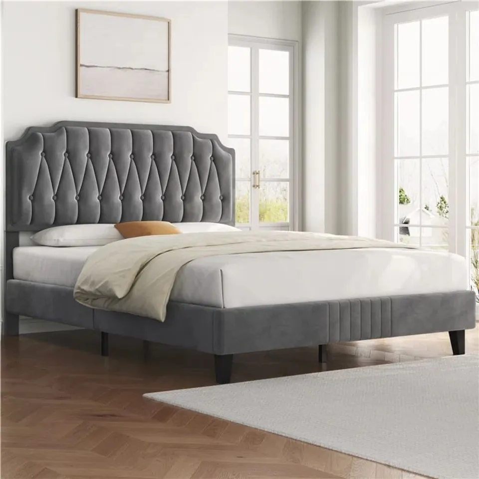 BOXED UPHOLSTERED BED FRAME WITH WITH BUTTON-TUFTED HEADBOARD - 135CM, DARK GREY (2 BOXES)