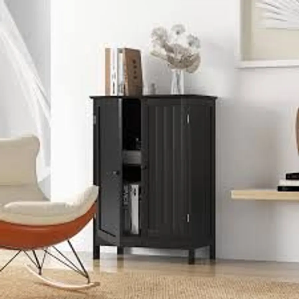 BOXED DOUBLE DOOR FLOOR CABINET - BATHROOM STORAGE UNIT WITH SHELVES, BLACK FINISH - IDEAL FOR THE BATHROOM.