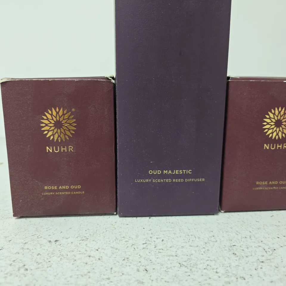 NUHR ROSE AND OUD LUXURY SCENTED CANDLES (2) + OUD MAJESTIC REED DIFFUSER – SET OF 3