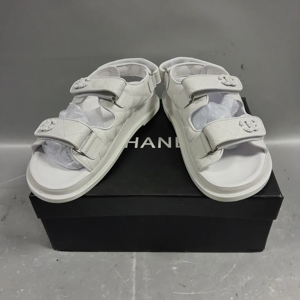 BOXED PAIR OF CHANEL TWIN STRAP SANDALS IN WHITE - 6