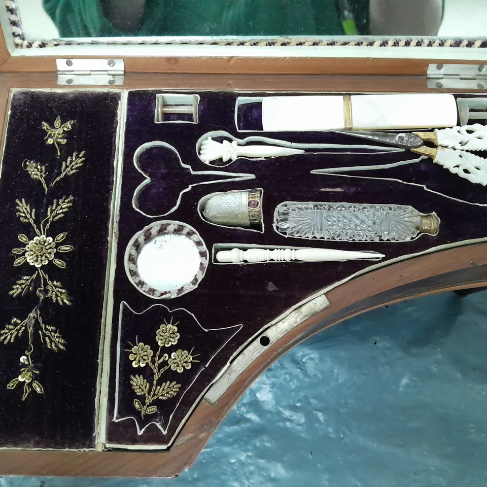 19th CENTURY SEWING CASE IN THE FORM OF HARPSICORD WITH MUSIC BOX - COLLECTION ONLY