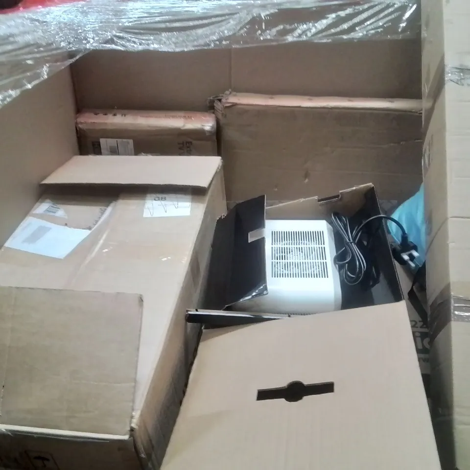PALLET OF ASSORTED HOUSEHOLD GOODS AND PRODUCTS TO INCLUDE;COOLING FAN,EXTRA LONG TV WALL