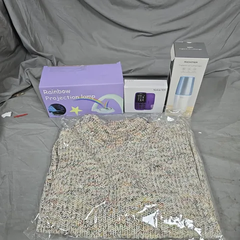 BOX OF APPROXIMATELY 20 HOUSEHOLD ITEMS TO INCLUDE A NOKIA 105 MOBILE PHONE, RAINBOW PROJECTION LAMP AND CLOTHING