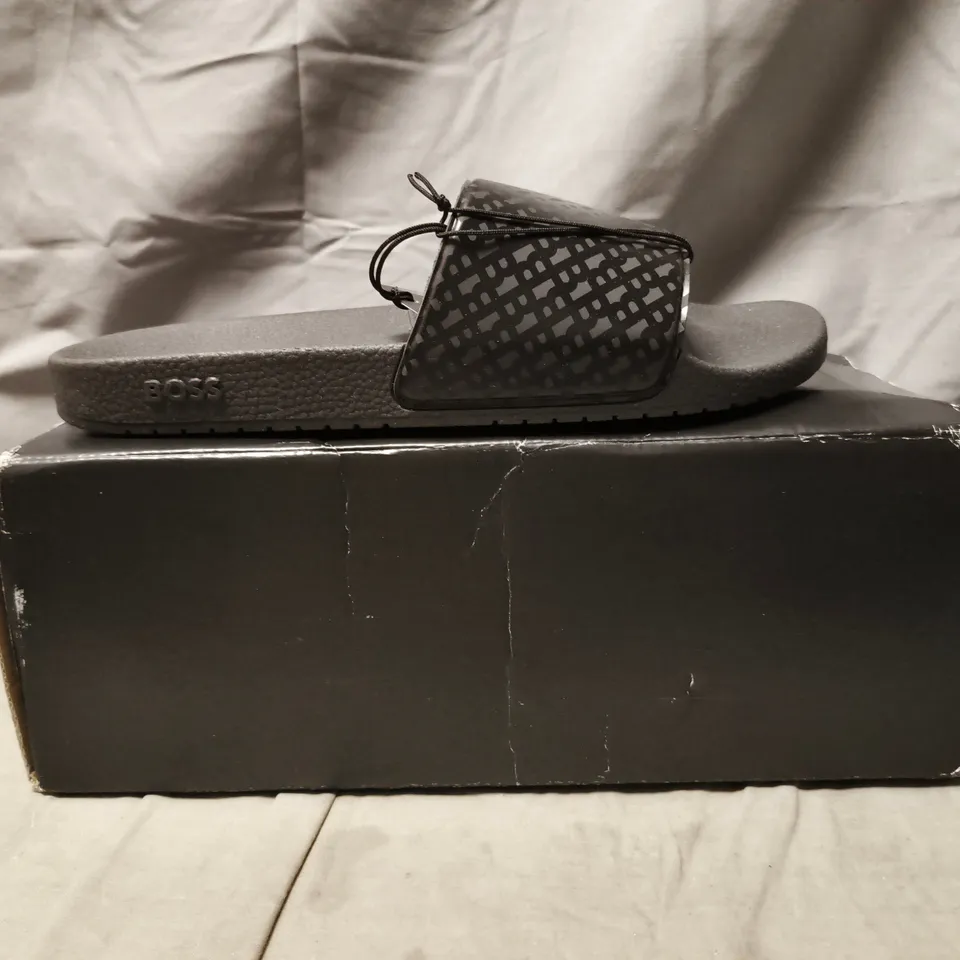 BOXED PAIR OF BOSS SLIDERS IN BLACK SIZE EU 44