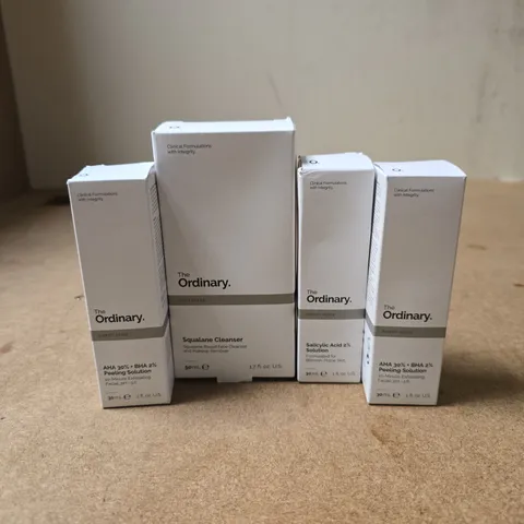 SET OF 4 ASSORTED THE ORDINARY ITEMS TO INCLUDE PEELING SOLUTION, SQUALANE CLEANSER ETC