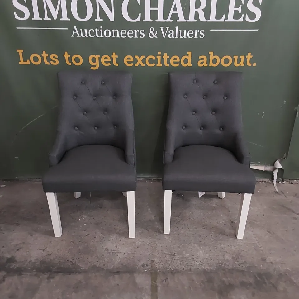 SET OF 2 DUKE SLATE FABRIC BUTTON BACK DINING CHAIRS WITH WHITE LEGS 