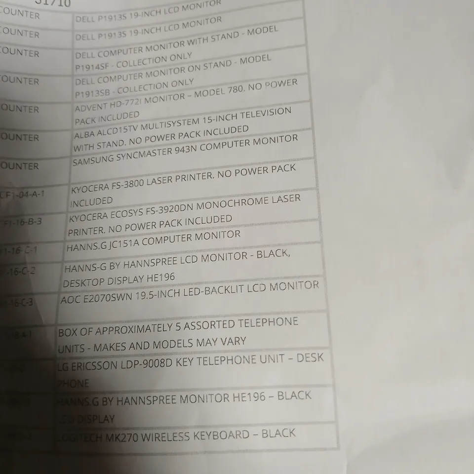 APPROXIMATELY 15 ASSORTED PRODUCTS TO INCLUDE; TELEPHONE UNIT, MONITORS AND KYOCERA LASER PRINTER