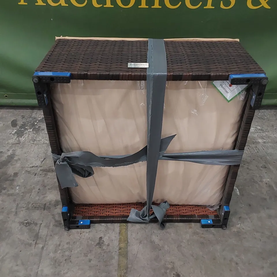 DESIGNER OTTOMAN/COFFEE TABLE IN RATTAN CHOCOLATE MIX AND COFFEE CREAM COLOUR WITH GLASS TOP