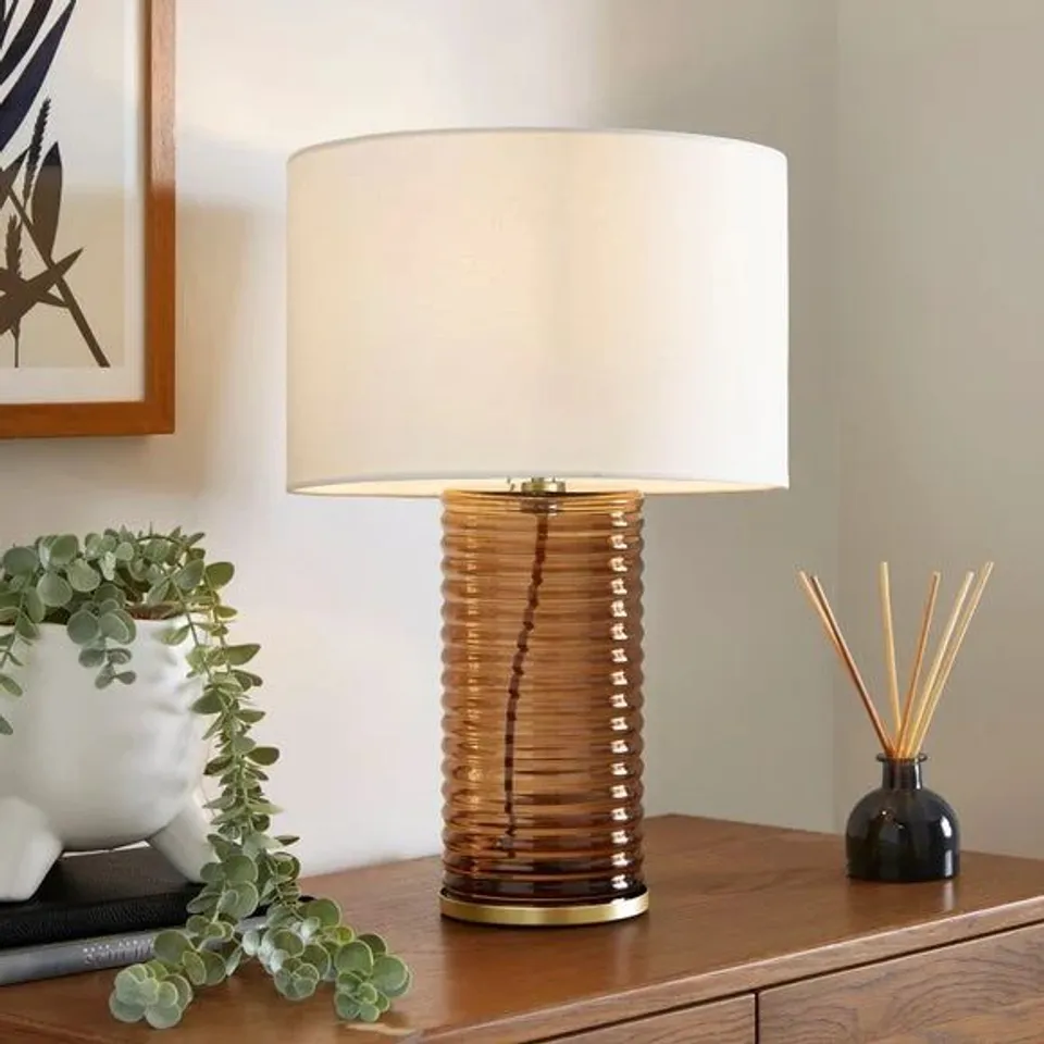 BOXED NICO RIBBED GLASS TABLE LAMP - AMBER
