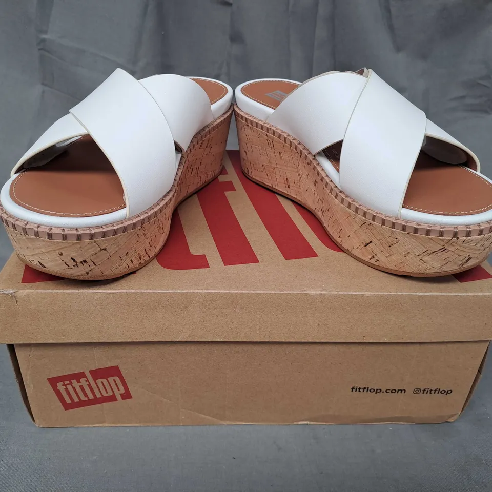 BOXED PAIR OF FITFLOP ELOISE WEDGE CROSS SLIDERS IN WHITE UK SIZE 4