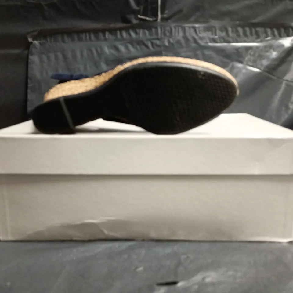 BOXED PAIR OF RUSSELL & BROMLEY PEEP TOE HIGH WEDGE SANDALS IN NAVY SIZE UNSPECIFIED