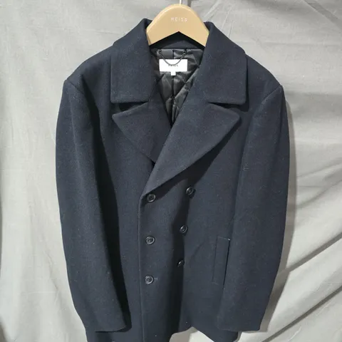 REISS NAVY DOUBLE-BREASTED WOOL COAT - SIZE LARGE