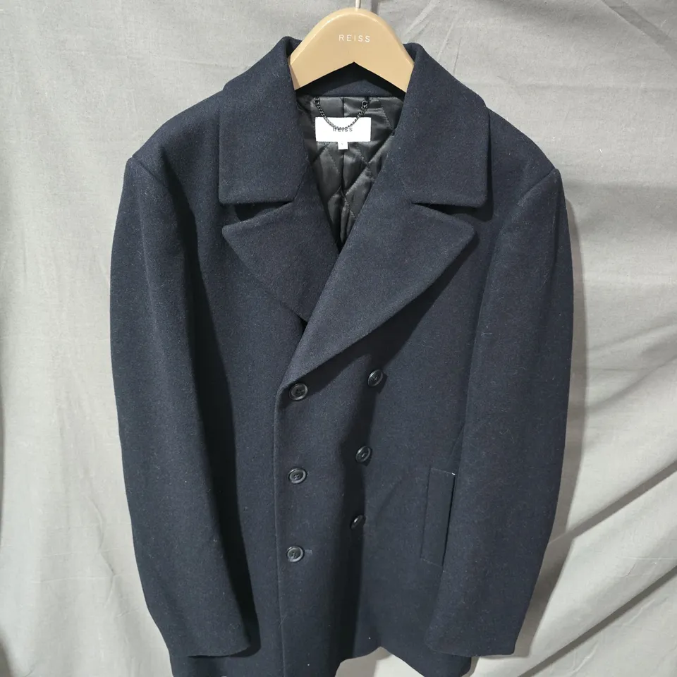REISS NAVY DOUBLE-BREASTED WOOL COAT - SIZE LARGE