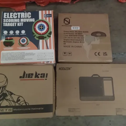 PALLET OF ASSORTED ITEMS INCLUDING ELECTRIC SCORING MOVING TARGET KIT, NORTHERN STONE BALANCE BOARD, LAPDESK, MOTORCYCLE HELMET, HOLLYWOOD MAKEUP MIRROR, VINTAGE SUITCASE TURNTABLE