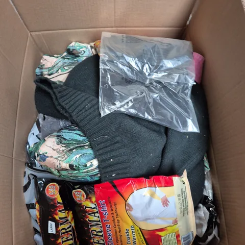 LARGE BOX OF ASSORTED CLOTHING ITEMS IN VARIOUS SIZES, STYLES AND COLOUR 