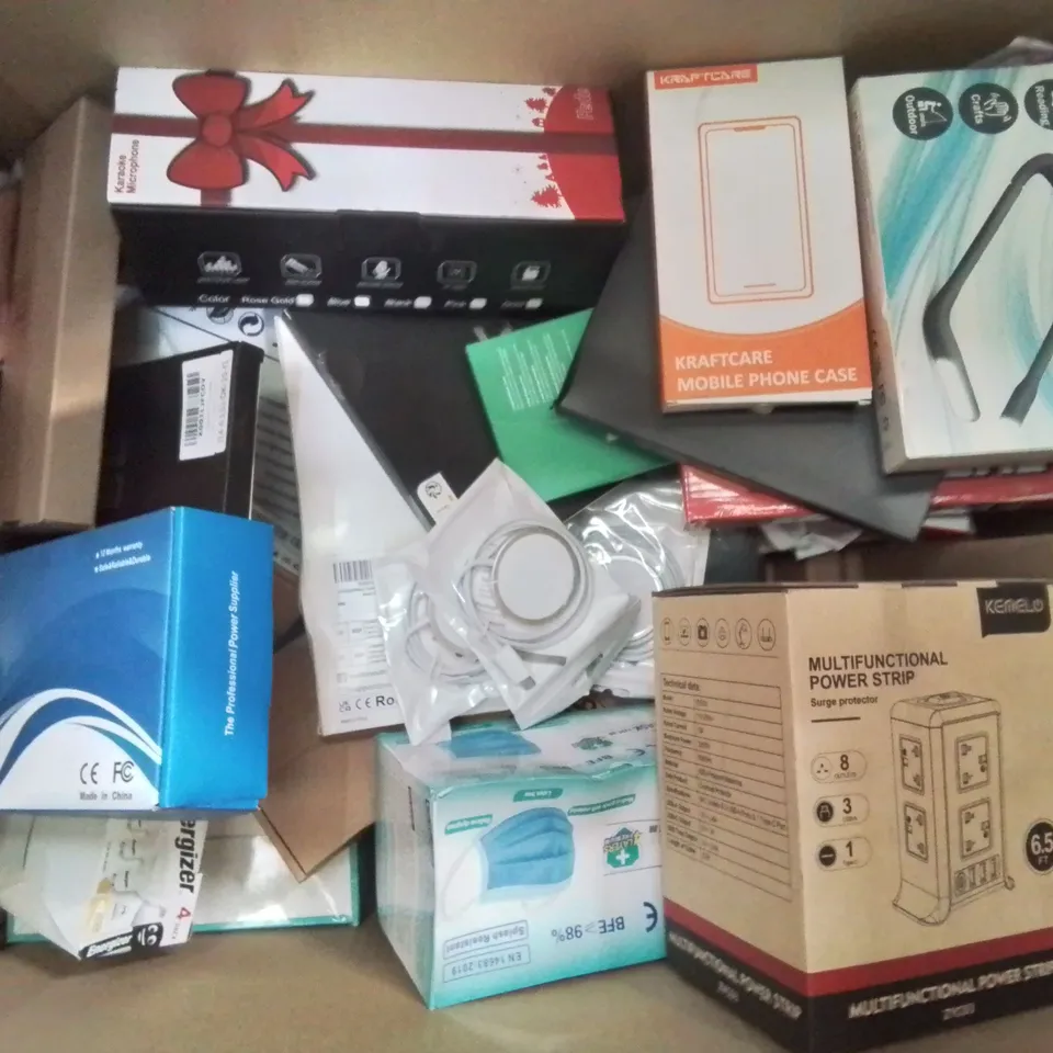 BOX CONTAINING LARGE AMOUNT OF BOXED ELECTRICAL ITEMS TO INCLUDE: PHONE CASES, HEADPHONES, LIGHT BULBS, PREMIUM PODCAST SET UP, KARAOKE MIC AND LOTS MORE.