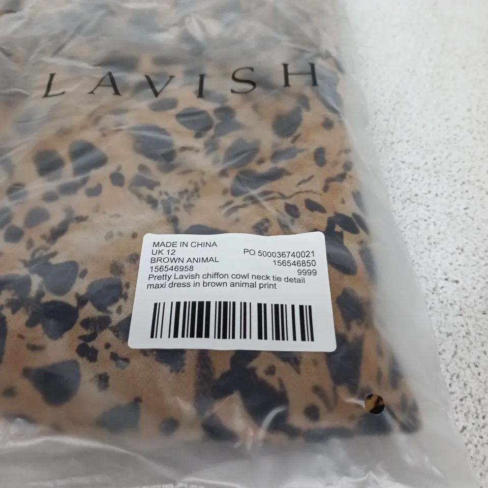 PRETTY LAVISH CHIFFON COWL-NECK MAXI DRESS – BROWN ANIMAL PRINT – UK 12