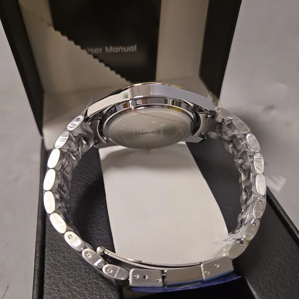 BOXED ERNEST FERDINAND MENS MULTI TONE DIAL BRACELET STRAP WATCH