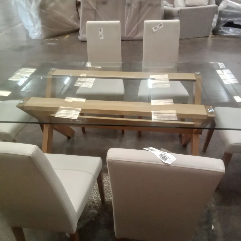 DINING SET INCLUDING GLASS TABLE & 6 WHITE CHAIRS 