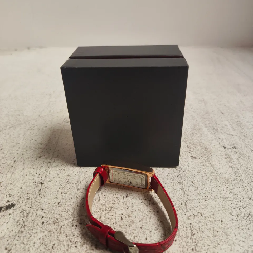 STOCKWELL RECTANGULAR DRESS WATCH WITH RED LEATHER STRAP – GOLD-TONE CASE