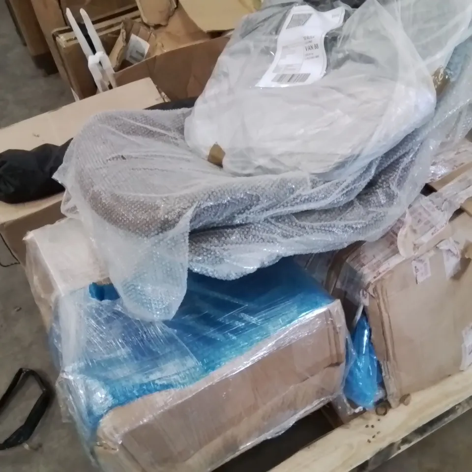 PALLET CONTAINING VARIOUS INCOMPLETE BOXED FURNITURE PARTS AND OTHER HOUSEHOLD ITEMS ETC.